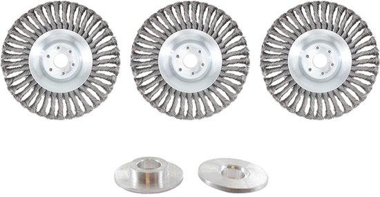 Set van drie onkruidborstels met metalen schijf en twee ringen.