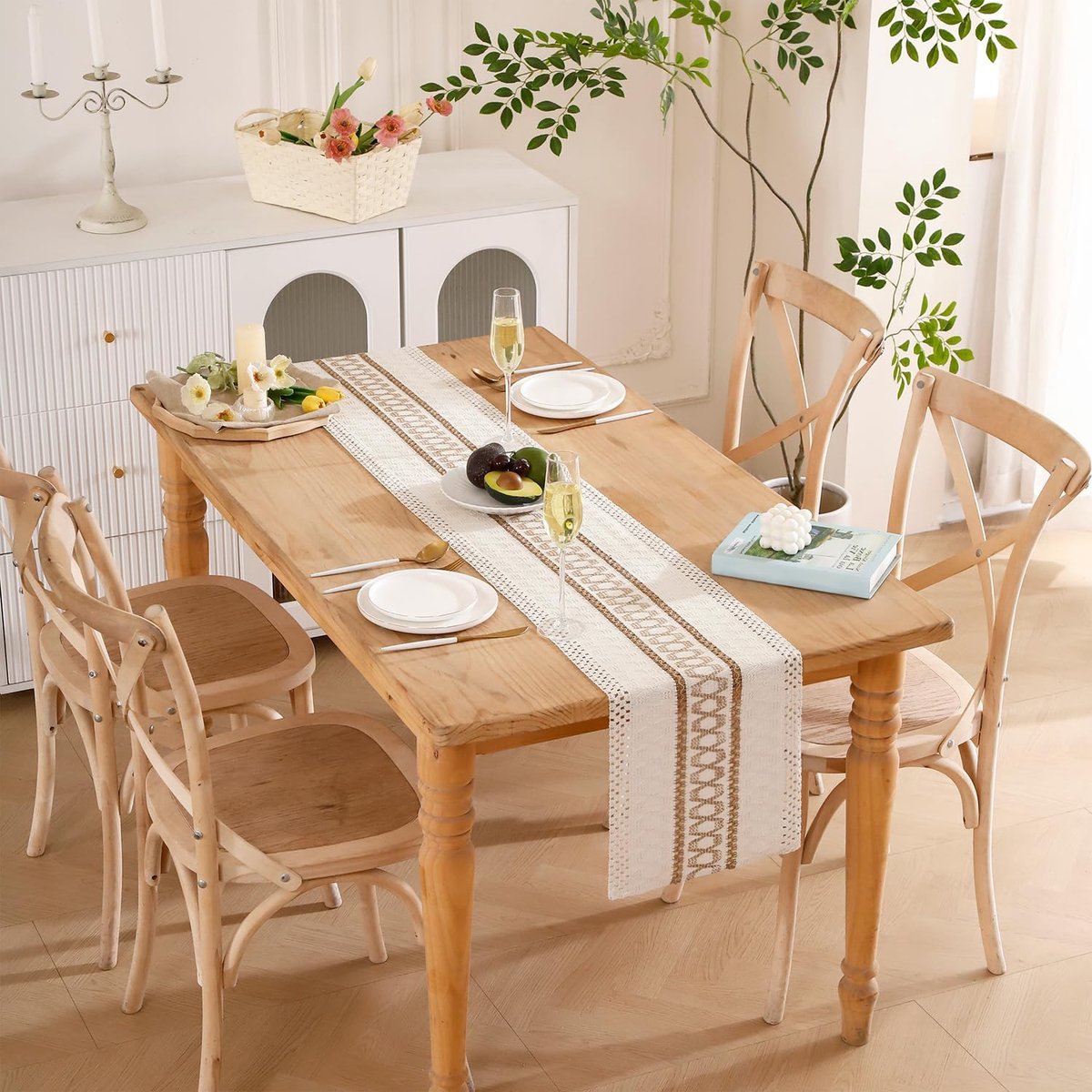 Tafelloper Macramé - Boho Runner - Tafel Decoratie - Handgeweven Patroon - 30 x 100 cm - Beige