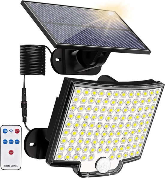 Photonspace Solar Buitenlamp met bewegingssensor, 106 LED Wandlamp op Zonne energie, IP65 waterdicht, 120° lichthoek, solar wandlamp voor tuin met 5m kabel_nieuwe versie