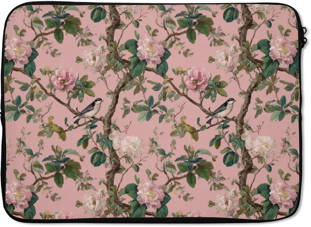 Laptophoes 14 inch - Pioenrozen - Botanisch - Vogel - Laptop sleeve - Binnenmaat 33x23 cm - Zwarte achterkant