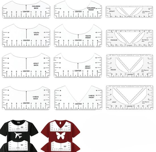 T-shirt patronen met schaalverdeling voor alle leeftijden. Zwarte en bordeauxrode t-shirts met de linialen erop.