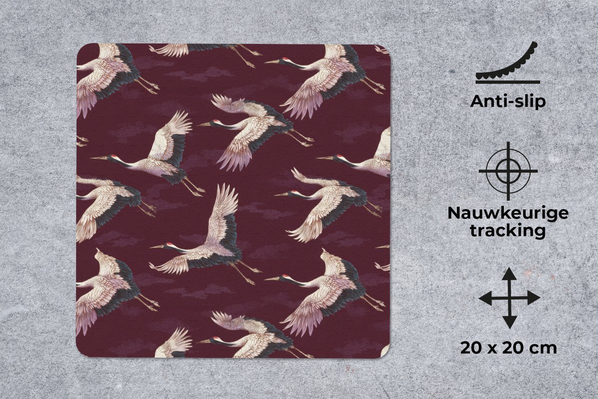 Muismat 20x20 cm - Mousepad Kraanvogels - Klassiek - Bordeaux - Muismatten