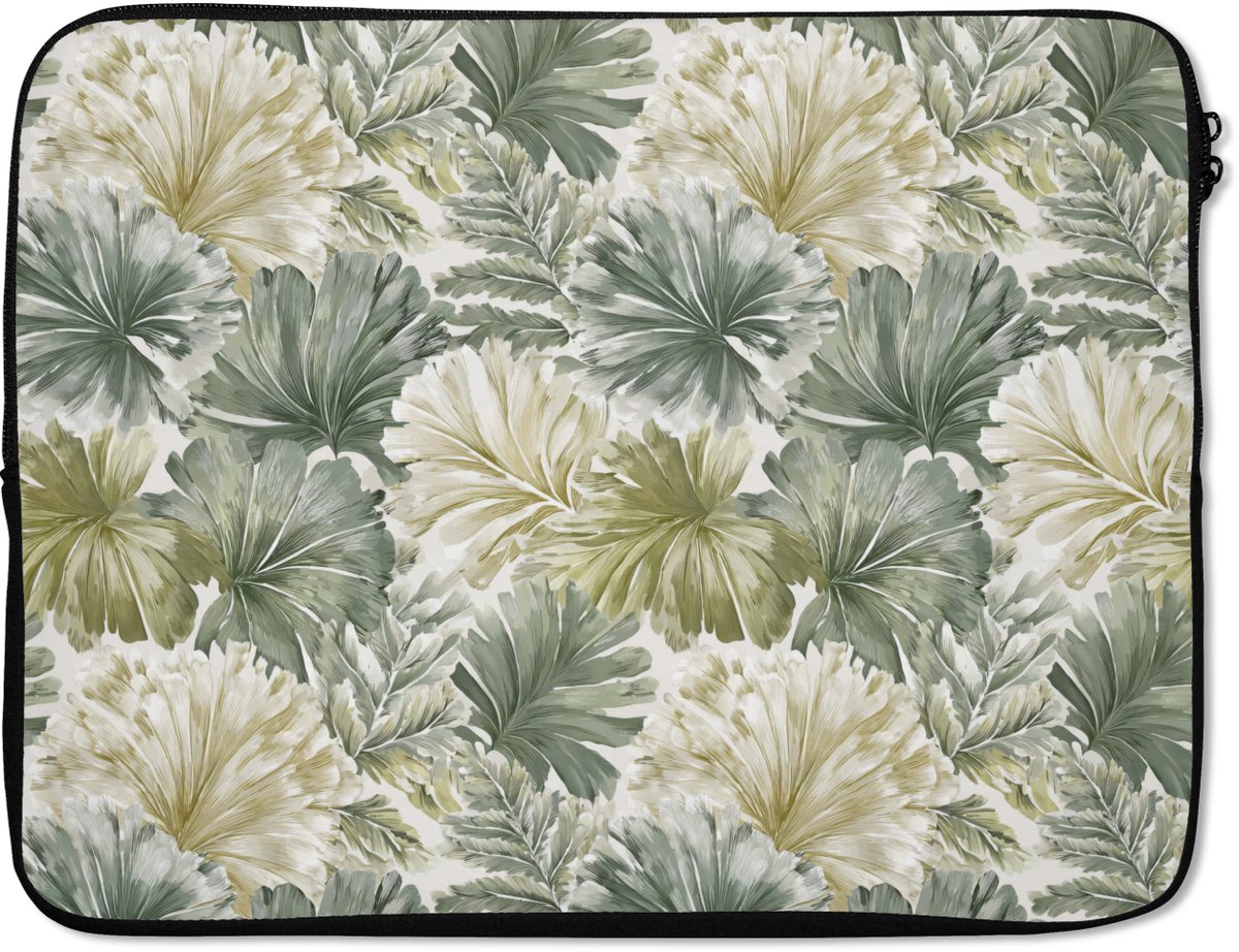 Laptophoes 15.6 inch - Bladeren - Botanisch - Groen - Laptop sleeve - Binnenmaat 37x26 cm - Zwarte achterkant