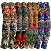 Multicolor tattoo mouwen armmouwen set voor heren en dames – 8 stuks elastische tattoo sleeves met realistische tattoo print, draak, schedel, vlammen en old school tattoo patronen – naadloze arm sleeves