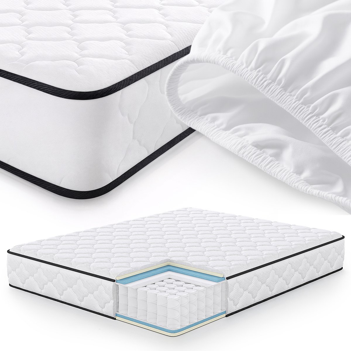 Akord Springs Matras met Beschermer 80x200 cm / Spring Pocketveringmatras / Binnenveringsmatras / Pocketvering met 7 Comfortzones / Afneembare waterdichte tijk / H3 Wit