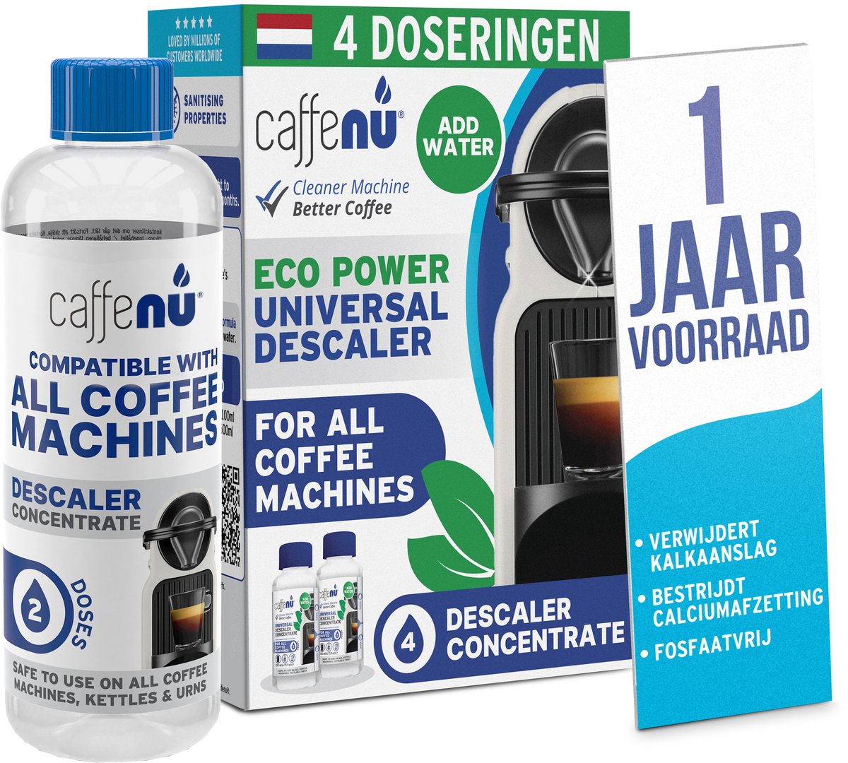 Caffenu Universele Ontkalker Koffiemachine - 2 x 200 ml - 4 Doseringen - Geschikt voor Nespresso, Dolce Gusto, Senseo en Philips - Zorgt voor Warmere Koffie, Betere Smaak en Langere Levensduur Koffiezetapparaat