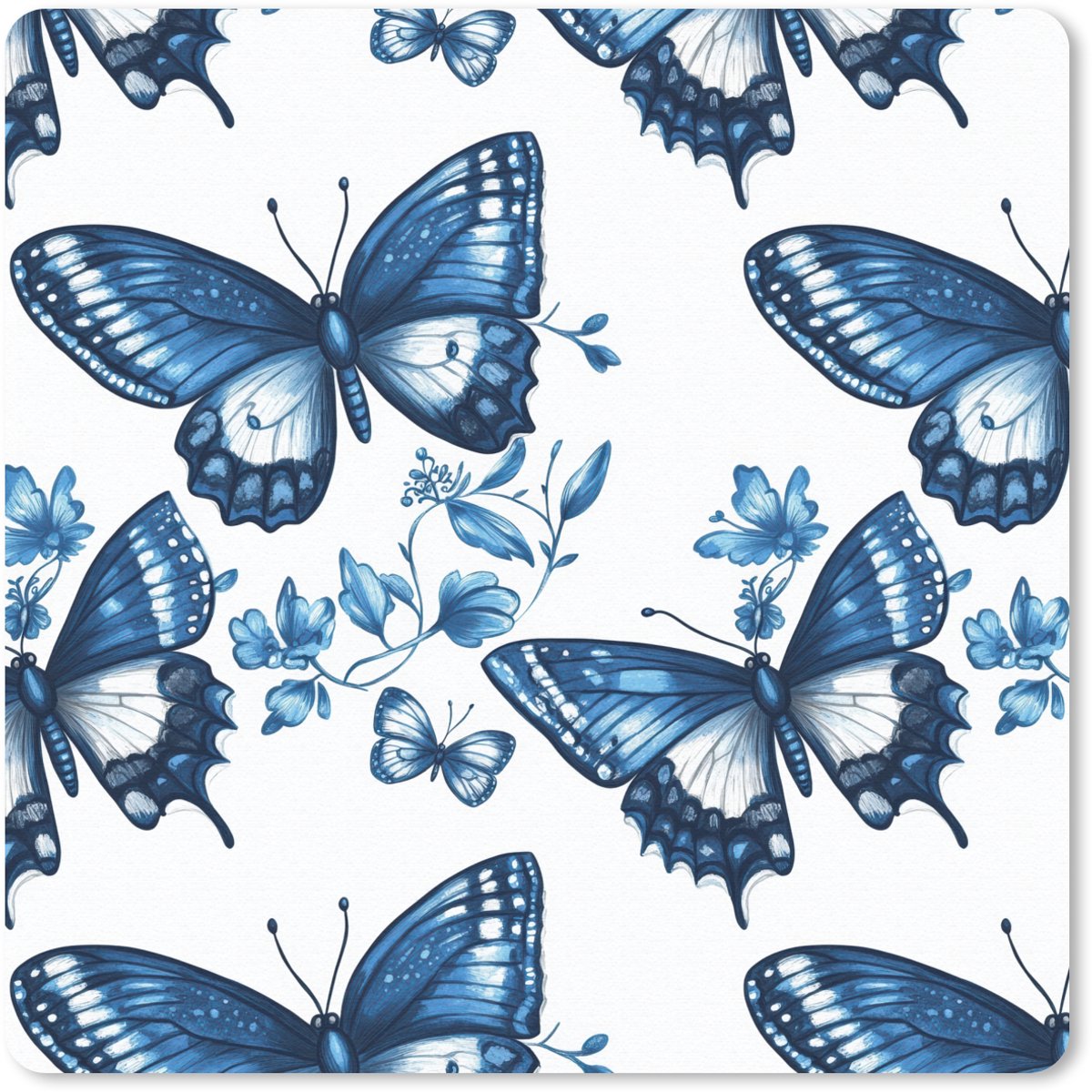Muismat 20x20 cm - Mousepad Blauw - Vlinders - Bloemen - Wit - Muismatten