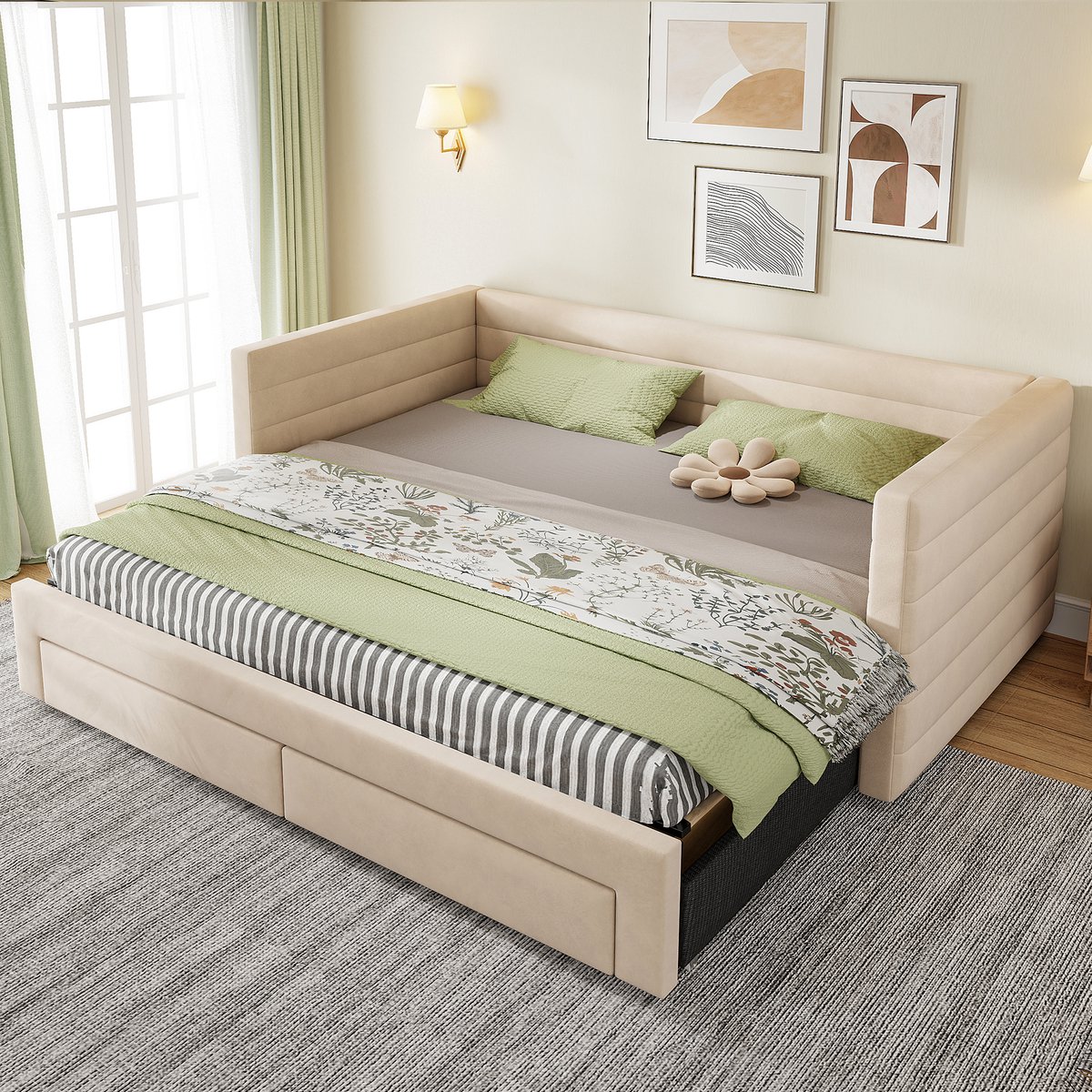 FloraGrace Gestoffeerd Uitschuifbed 90x190 cm - 3-in-1 Slaapbank - Uittrekbaar Met 2 Laden - Zonder Matras - Beige