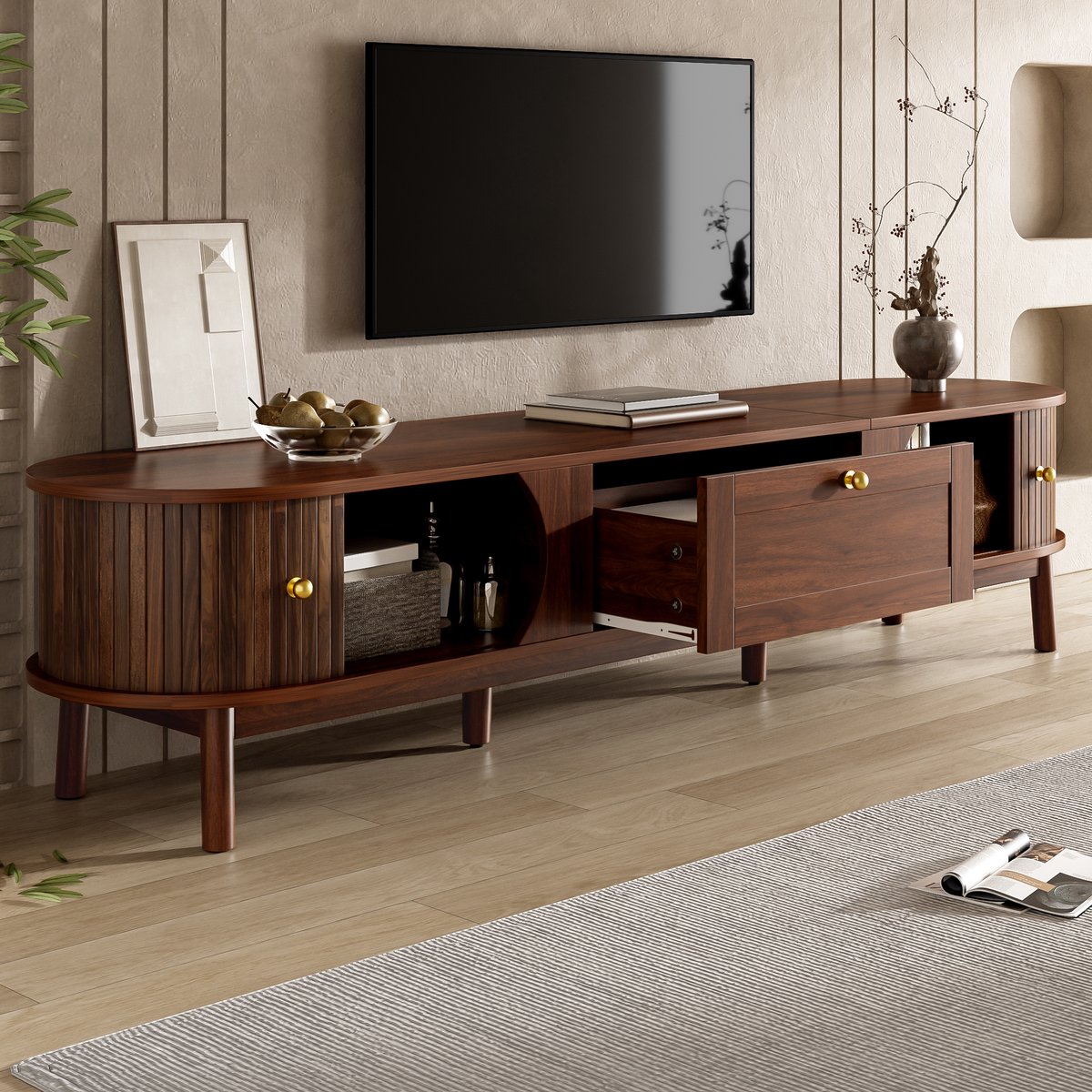 MIVRAY TV Meubel - Houten Look Met Afgeronde Hoeken En Schuifdeuren - Opbergruimte Voor Woonkamer - MDF - Walnoot - 170x39,5x38 Cm