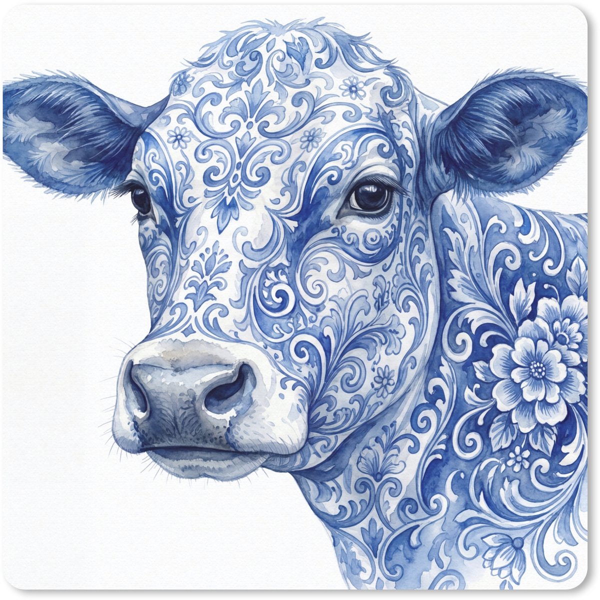 Muismat 20x20 cm - Mousepad Illustratie - Koe - Blauw - Muismatten