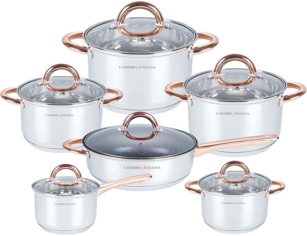 Casserra Italiana Luxe Pannenset 12-delig – Inductie – 5-Laags Bodem – Glazen Deksels – Koperkleurige Handgrepen