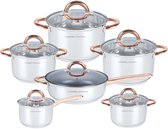 Batterie de casseroles de luxe Casserra Italiana 12 pièces – Induction – Fond 5 couches – Couvercles en verre – Poignées couleur cuivre
