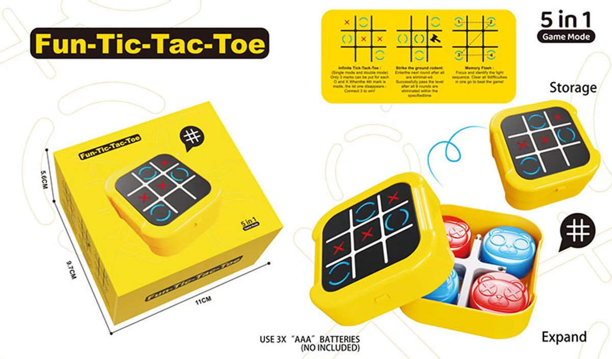 Boter Kaas en Eieren Spel 3in1 - Tic Tac Toe - Whack-a-Mole - Geel - Compact - Educatief
