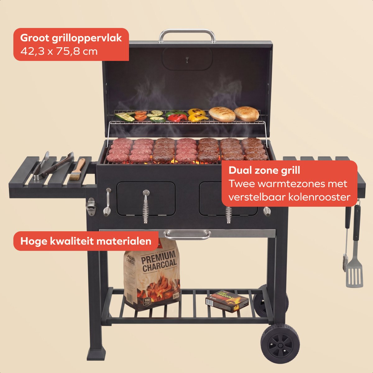 KitchenBrothers Houtskool BBQ XL - Dual Zone Smoker Barbecue - Met Verstelbare Kolenroosters & Inklapbare Zijtafels - PFAS-vrij - 42,3x75,8cm Grilloppervlak - Zwart – foto 3