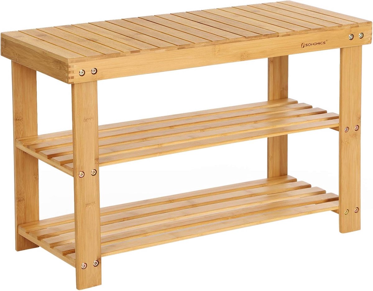 Furnstar Schoenenbank – Bamboe Schoenenrek met Zitbank – 3 Planken – 70 x 28 x 45 cm – Voor Hal, Badkamer & Woonkamer