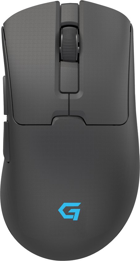 Zwarte gamingmuis met blauw G-logo op de achterkant, gezien van bovenaf.