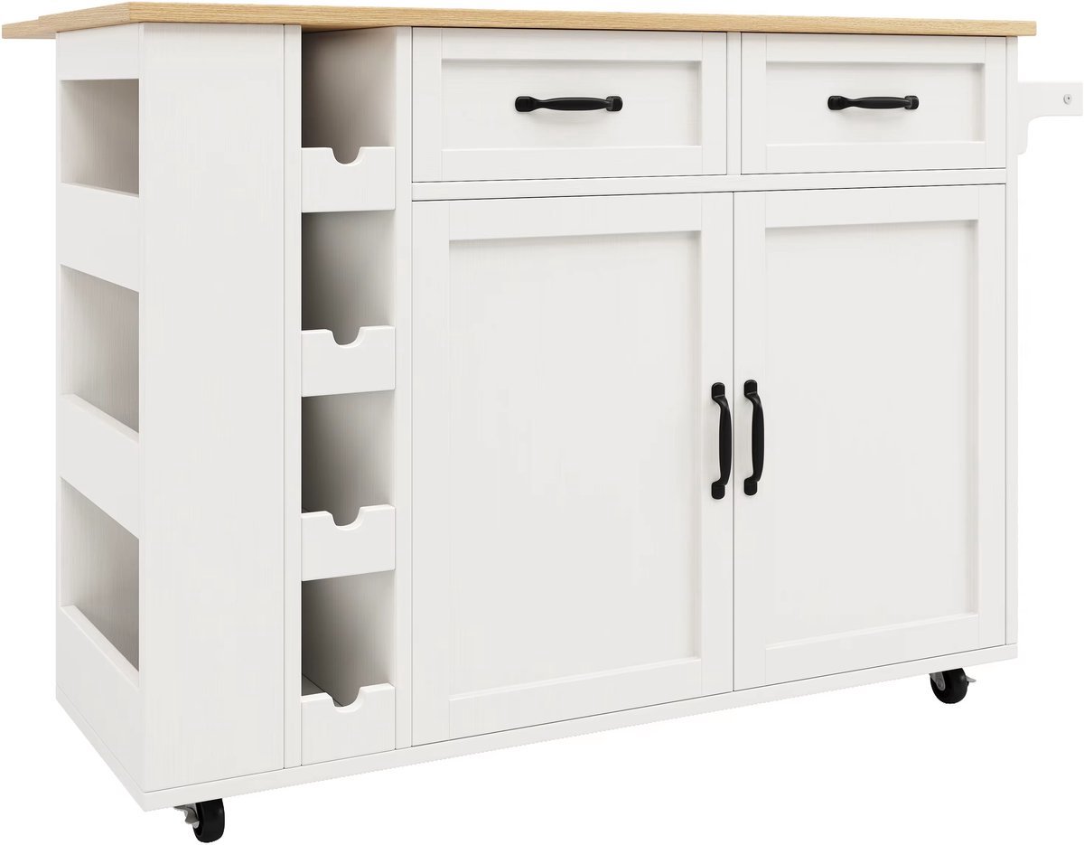 Keukeneiland - Verplaatsbaar - Keukenkast - Dressoir - Organizer - Kasten - Houten Werkblad - 2 Deuren - Wit
