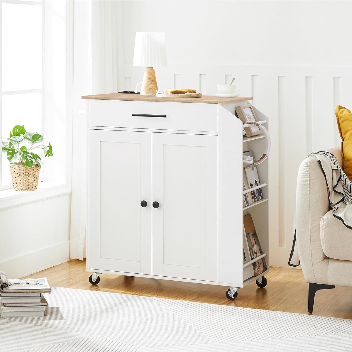 Keukenwagen met Werkblad en Stopcontact 80,8x38x86 cm – Keukeneiland met Lade, Kruidenrek en Wielen – Wit Hout Keukentrolley met USB/AC – Urbanhome
