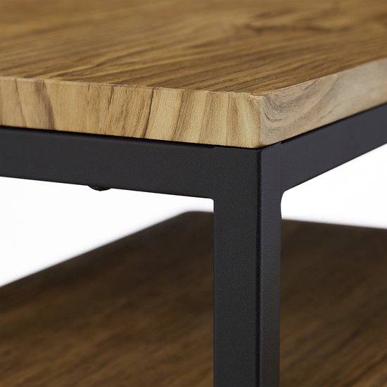 Zijzicht van een vierkante salontafel met een houten bovenkant en zwart metalen frame.