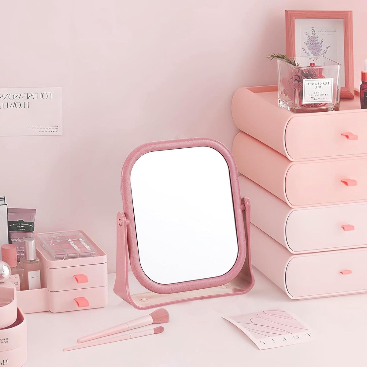 Vierkante Make-up Spiegel met 360° Rotatie, 19.5 x 16 cm, Ideaal voor Make-up, Badkamer en Slaapkamer