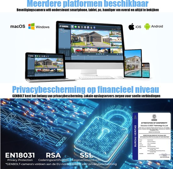 Screenshot van beveiligingscamera's op verschillende apparaten: macOS, Windows, iOS en Android. Certificaat van conformiteit voor privacybescherming.