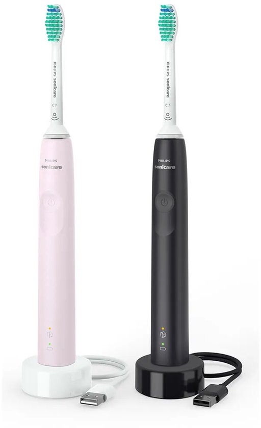 Roze en zwarte Philips Sonicare sonische tandenborstels met opladers.
