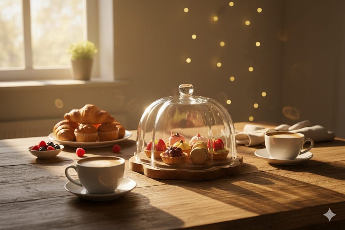 Bavary Cake Stand 26,5 cm acaciahout met glazen stolp