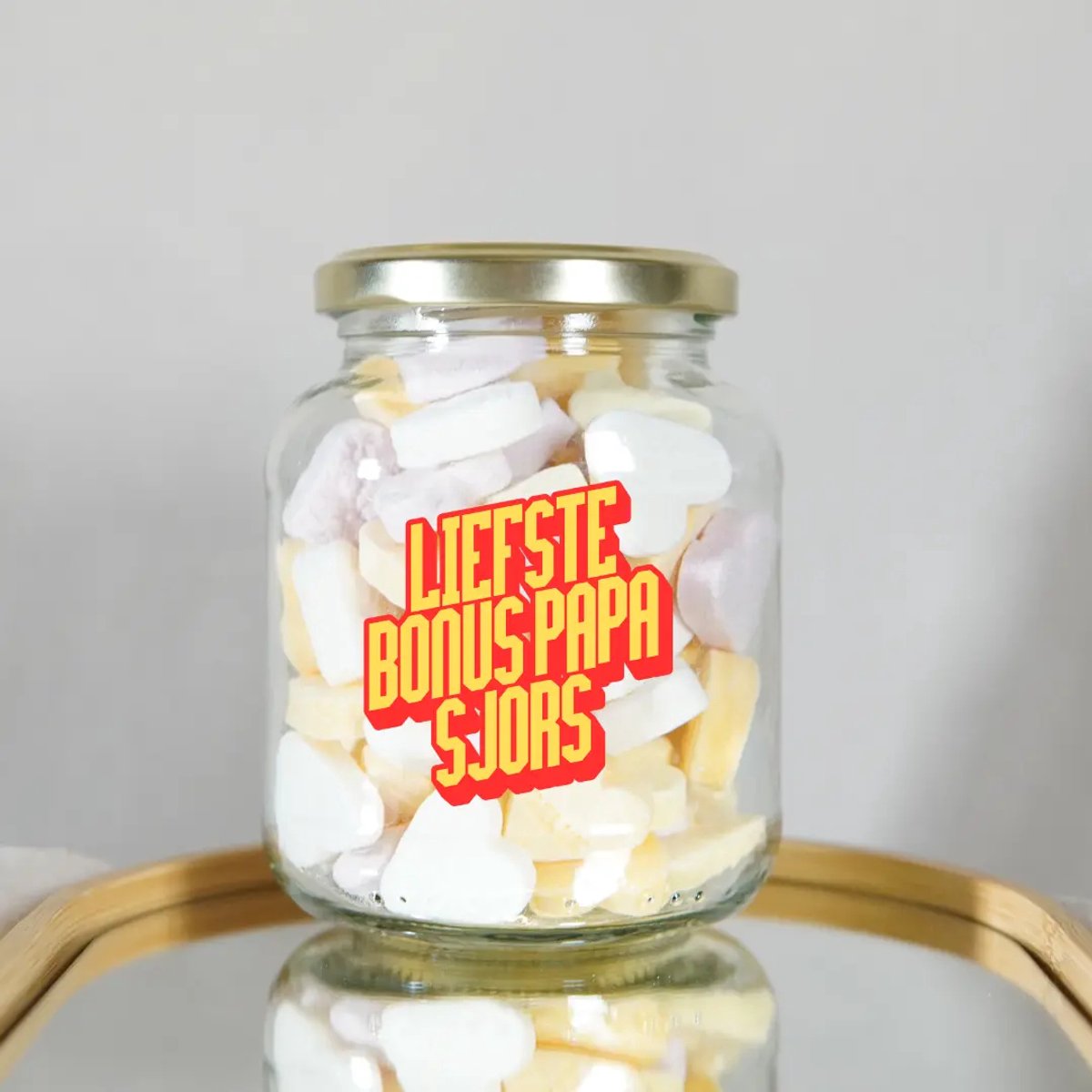 Gepersonaliseerd Cadeau Bonuspapa - Gevulde Snoeppot Liefste Bonuspapa met Naam - Vaderdag Cadeau Tip - Stoer Bedankje voor Stiefvader - Glazen Pot met Snoepjes 200 gram - Cadeau Schoonvader - Vaderdag