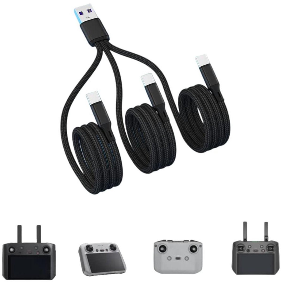 Oplaadkabel met 3 poorten - USB C kabel - Meerdere apparaten laden - Nylon gevlochten - 1.2 meter - Geel