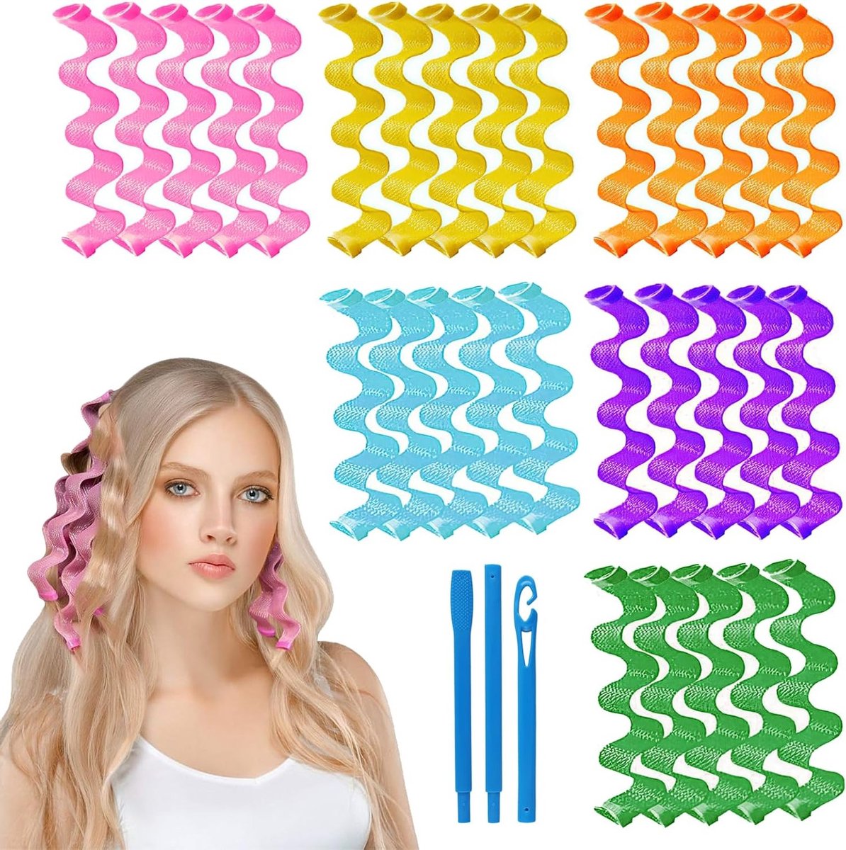 30-delige Lockenwickler Set voor Lang Haar, Spiralen en Krullen zonder Hitte, Inclusief 2 Styling Haken voor Alle Haartypes en Lengtes
