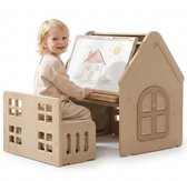 ComfyKidz 4 in 1 Speelhuis & Leerhuis incl. Opbergbank - Voor zowel Binnen & Buiten gebruik – Bouwtafel + Tekenbord + Bureau – Peuter Kleuter -