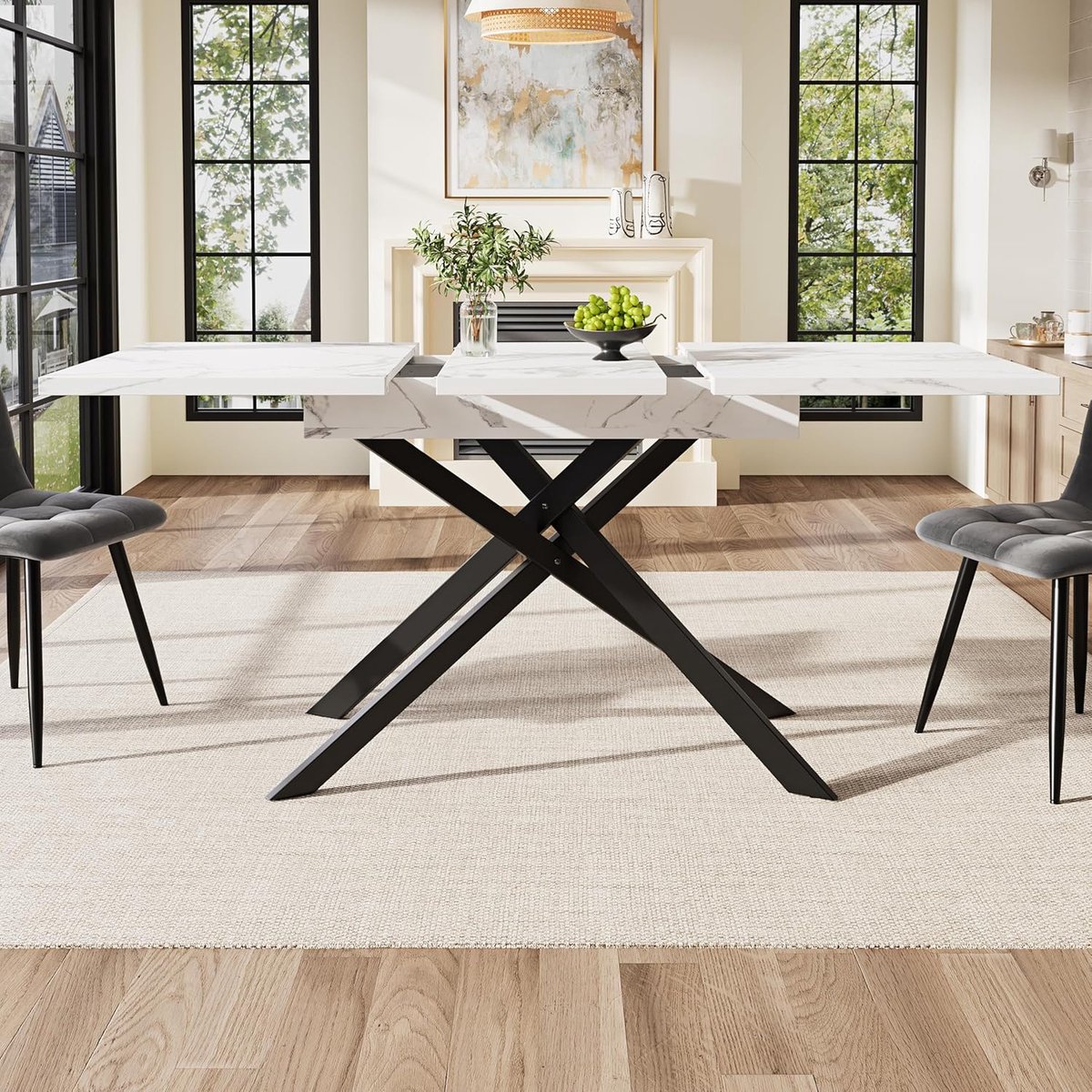 Uitschuifbare Eettafel 120-160 cm Wit Marmerlook Rechthoekig met Zwart Kruisframe voor 6-8 Personen – Moderne Keuken- en Eetkamertafel met Telescopisch Systeem