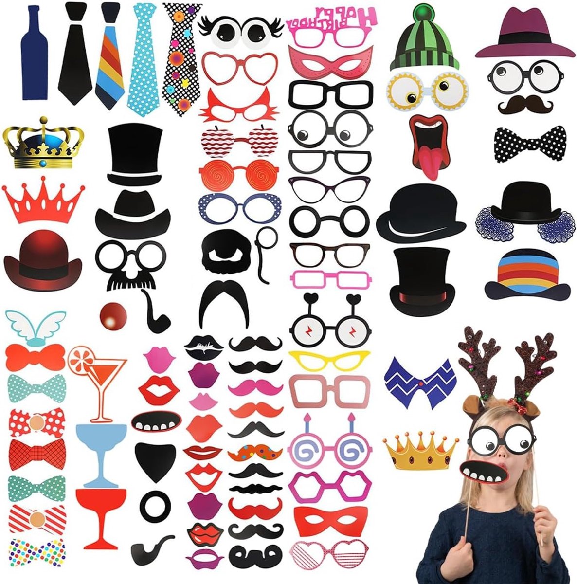 89-delige Fotobox Accessoires voor Feestjes, Verjaardagen en Bruiloften met Sticks en Stickers