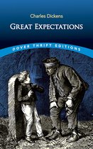Boekcover van Charles Dickens' 'Great Expectations' met een illustratie van een jongen bij een grafsteen die kijkt naar een man met een verband om zijn ogen.