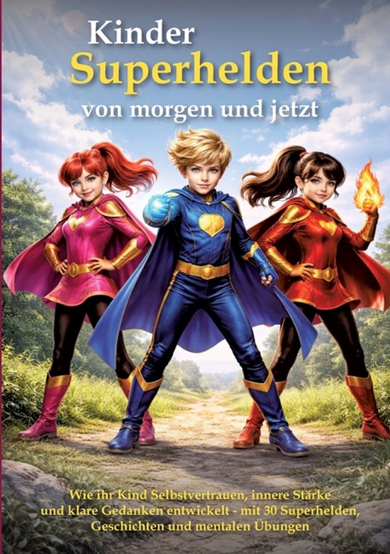 Boekomslag met drie kinderen als superhelden: in het roze, blauw en rood, tegen een achtergrond van een bospad.
