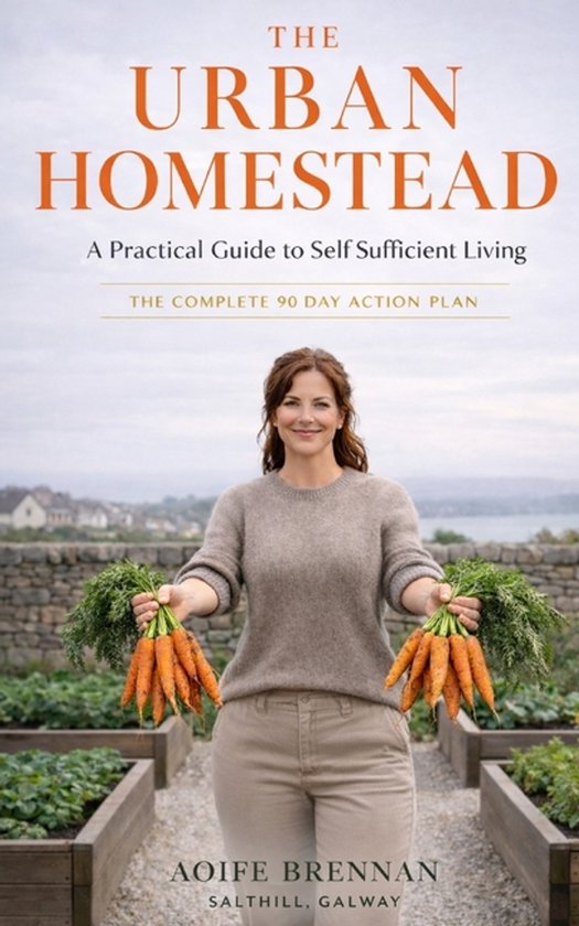 De omslag van 'The Urban Homestead', met Aoife Brennan die twee bossen wortels vasthoudt.