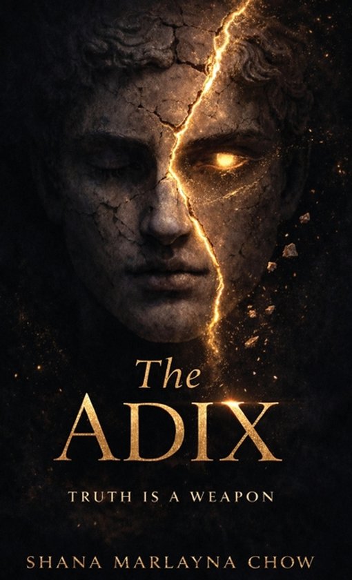 Couverture du livre 'The ADIX'. Un visage en marbre fissuré éclairé par un œil incandescent, avec le texte doré : 'The ADIX. TRUTH IS A WEAPON. SHANA MARLAYNA CHOW'.