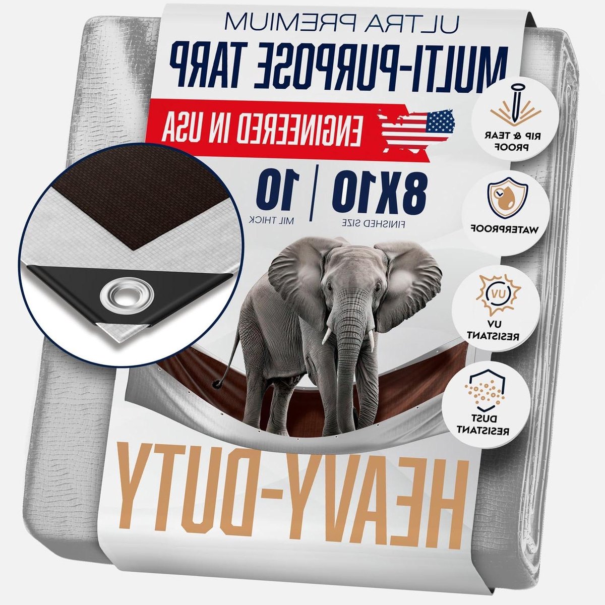 Poly Zeildoek - Waterdicht Tarp - Bescherming Outdoor - Versterkte Hoeken - 8x10 cm - Zilver Bruin