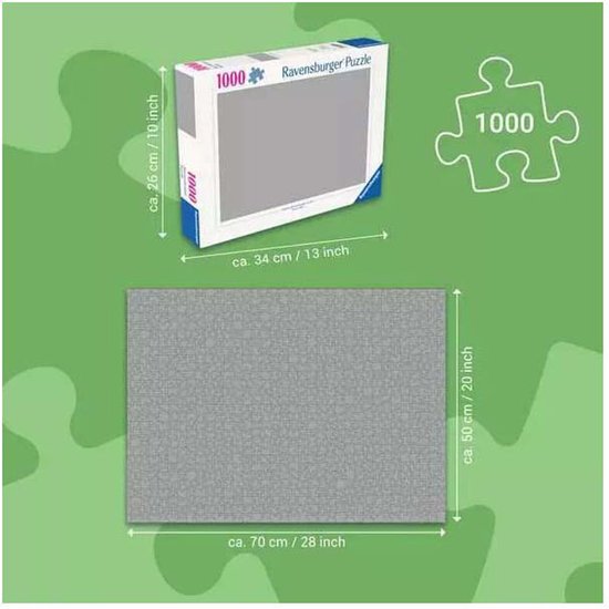 Ravensburger puzzeldoos met de afmetingen 34 x 26 cm en de voltooide puzzel met de afmetingen 70 x 50 cm.