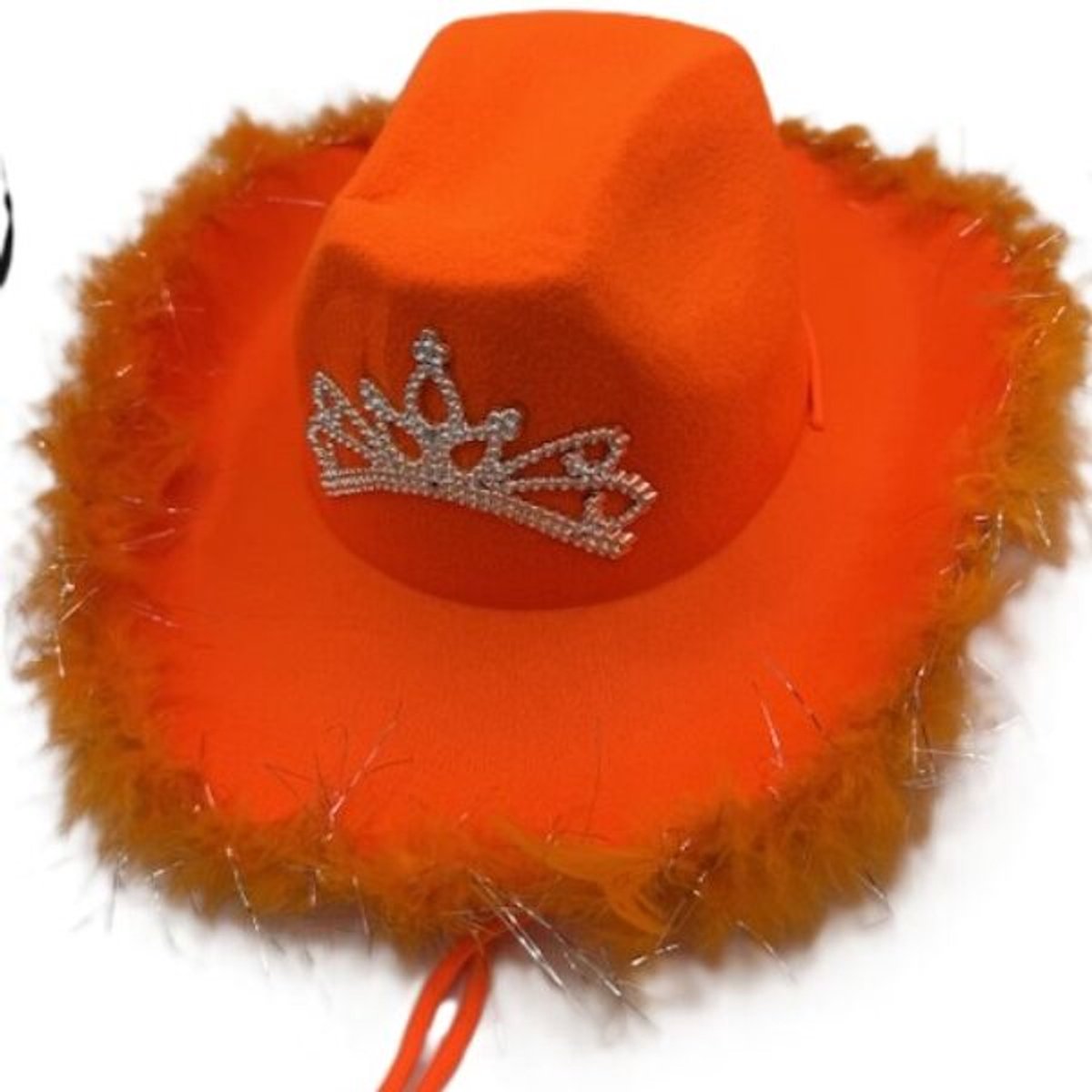 Cowboyhoed oranje met pluche en kroontje voor Koningsdag of WK