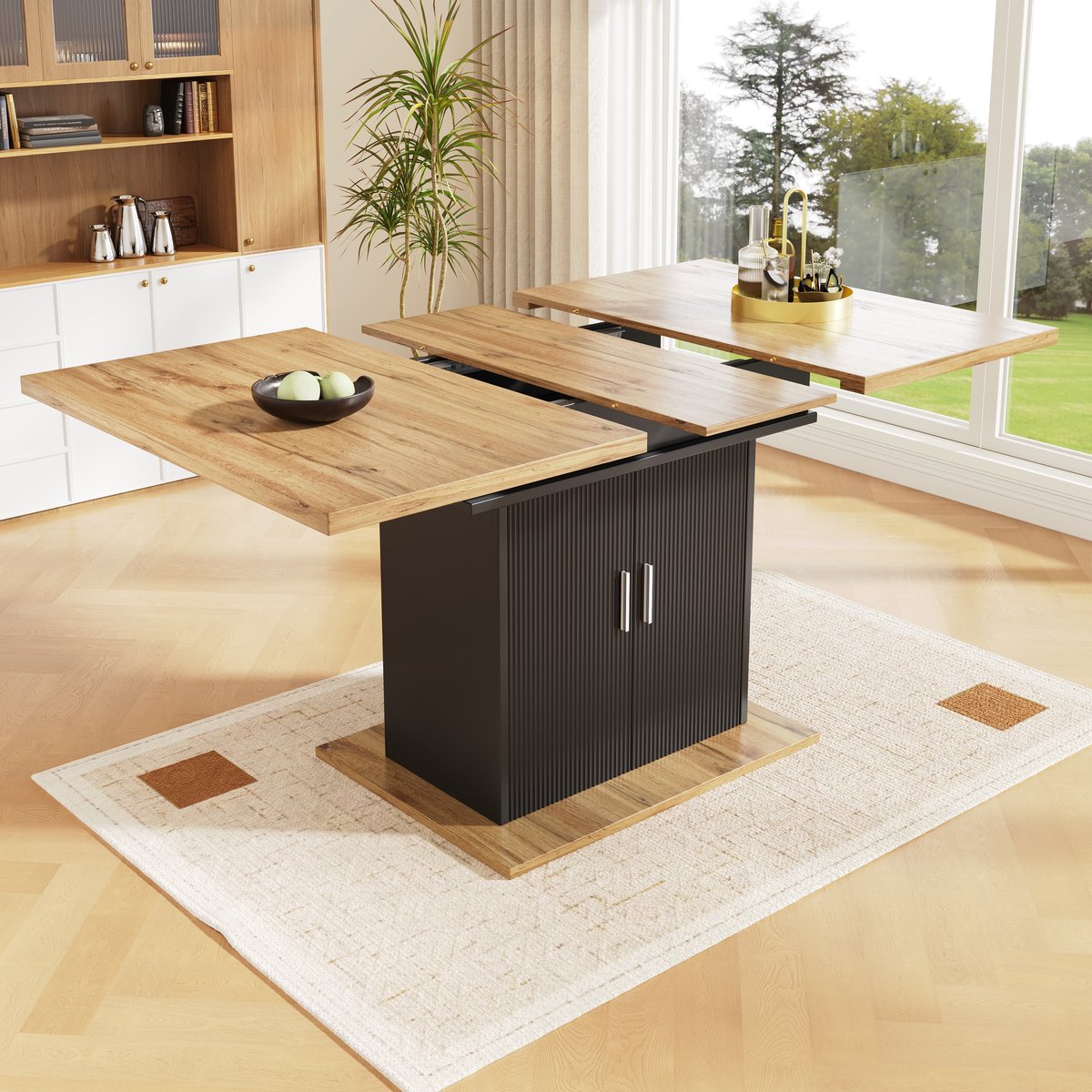 MODENUIT Eettafel - Uitschuifbaar Met Opbergkast - Voor Keuken En Woonkamer - MDF Zwart - 110-140x70x76 Cm