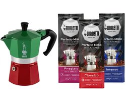 Bialetti Moka Express Italia 6 kops + Bialetti koffiepakket 3x250gr