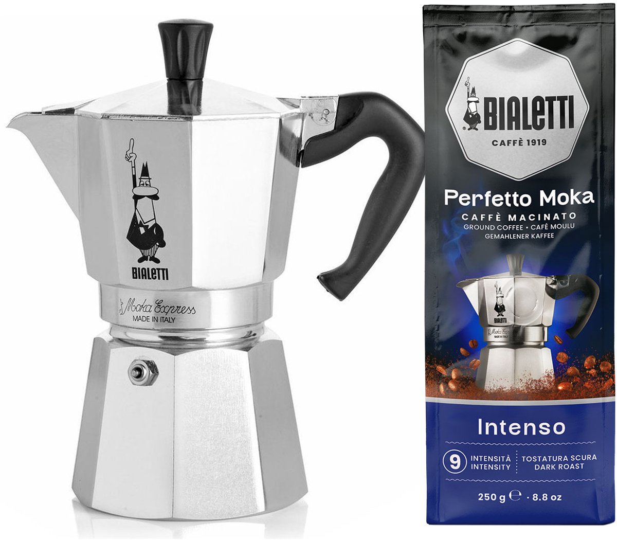 Bialetti Moka Express 3 kops + Bialetti Intenso gemalen koff