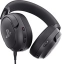 Zwarte draadloze gaming headset met PlayStation logo, volumeregelaar en aan/uit-knop op de oorschelpen.