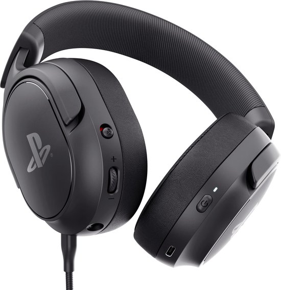 Zwarte draadloze gaming headset met PlayStation logo, volumeregelaar en aan/uit-knop op de oorschelpen.