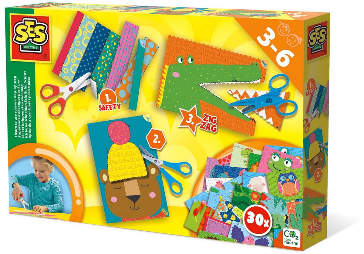 SES - Ik leer knippen - stap voor stap - 30 bedrukte kaarten om te knippen - inclusief 3 soorten scharen