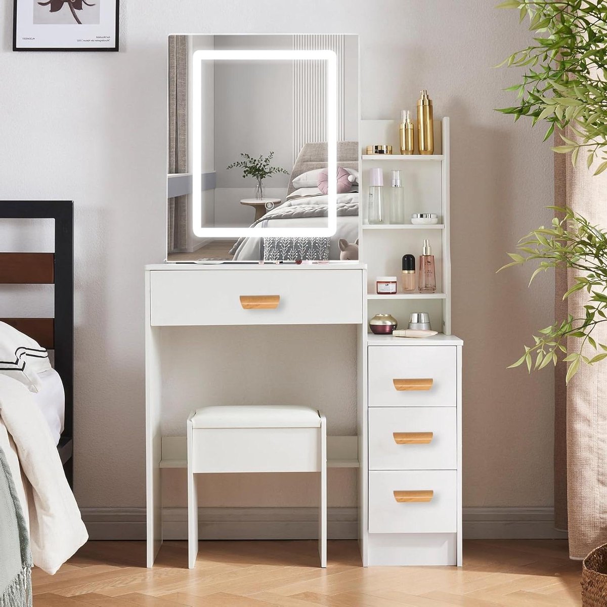 Kaptafel met Spiegel - Make-uptafel Kapset - Snel Klaarmaken - Verstelbare LED Verlichting - 90 x 40 x 140 cm