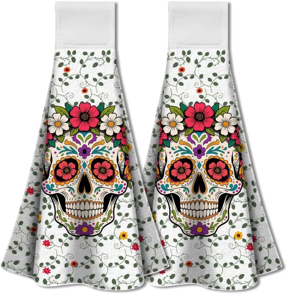 2Pcs Fiesta Skull Vine Handdoeken met Hanglus - Zachte Absorberende Halloween Skull Bloemen Decor Keuken Handdoeken - Kleurige Skulls Afwas Handdoeken voor Thuis Badkamer Keuken - 34.3 x