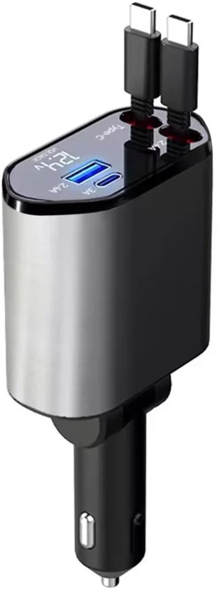 Mexhive® 4-in-1 Autolader met Intrekbare Kabel – 120W Snellader – USB-C & USB – Auto Oplader met Display – iPhone & Android