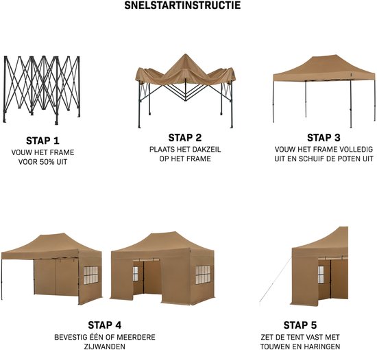 Stap-voor-stap instructies voor het opzetten van een bruine partytent met beige dakzeil en zijwanden.